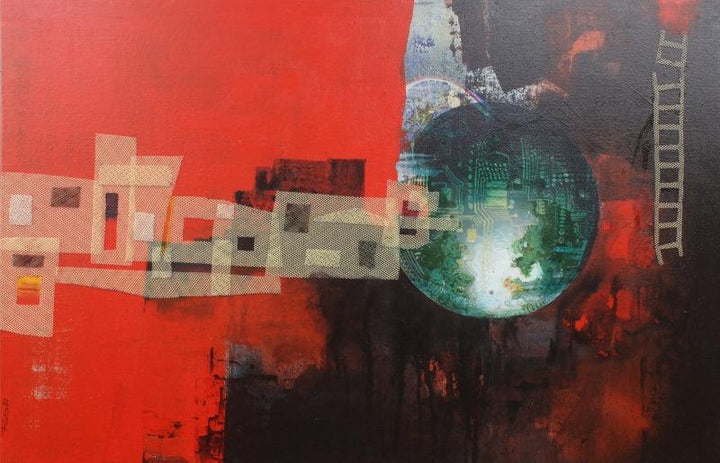 Abstract mixed media painting titled 'Red World', 24x36 inches, by artist Rajnarayan Santra on Canvas