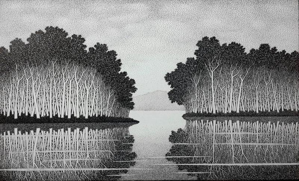 Landscape ink drawing titled 'Reflection 14III', 17x28 inches, by artist Prakash  Ghadge on canvas