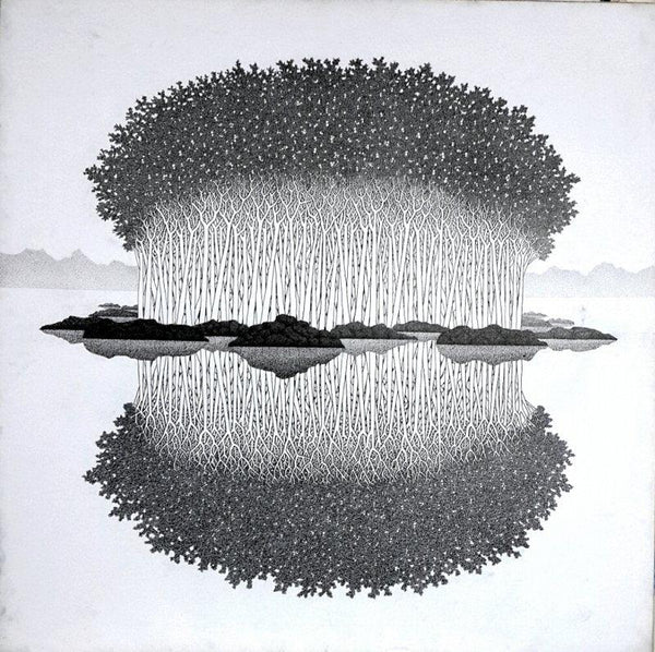 Landscape ink drawing titled 'Reflection 15 II', 36x36 inches, by artist Prakash  Ghadge on canvas