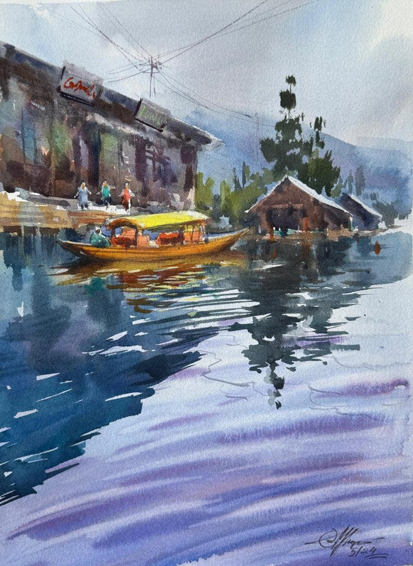 Seascape watercolor painting titled 'Reflection', 15x11 inch, by artist Achintya Hazra on Paper