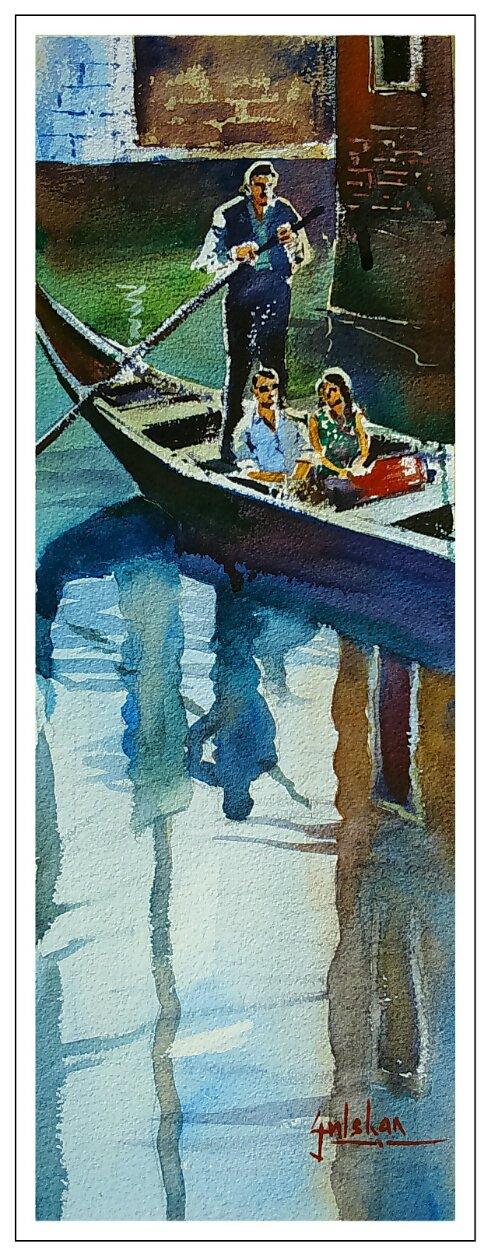 Figurative watercolor painting titled 'Reflections', 20x7 inches, by artist Gulshan Achari on Paper