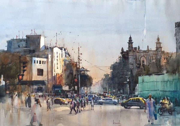 Cityscape watercolor painting titled 'Regal Cinema', 22x28 inches, by artist Bijay Biswaal on Paper