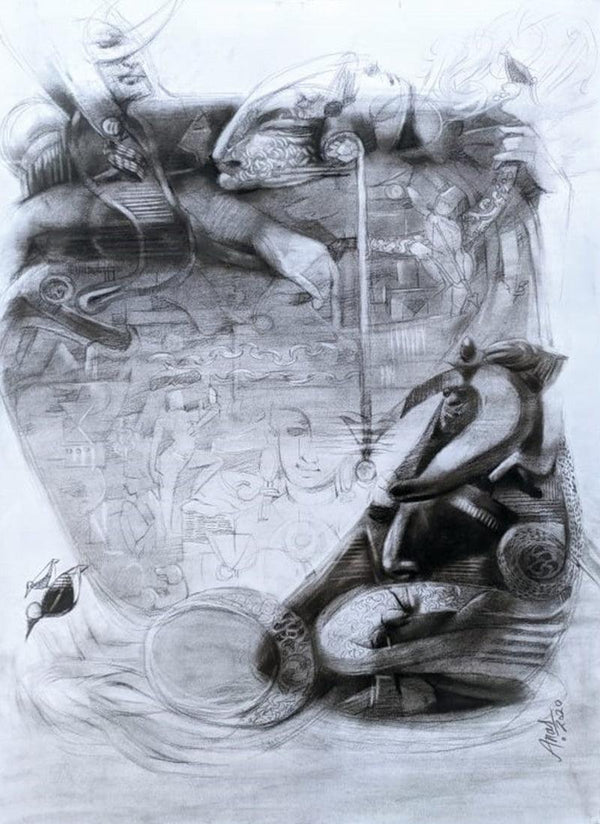 contemporary charcoal painting titled 'Reincarnation', 30x22 inches, by artist Anas Sultan on Paper