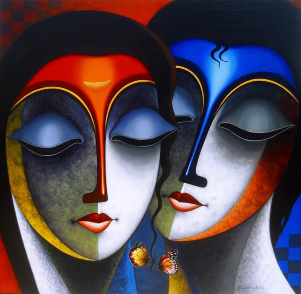 Religious acrylic painting titled 'Relation 2', 48x48 inches, by artist Santosh Chattopadhyay on Canvas