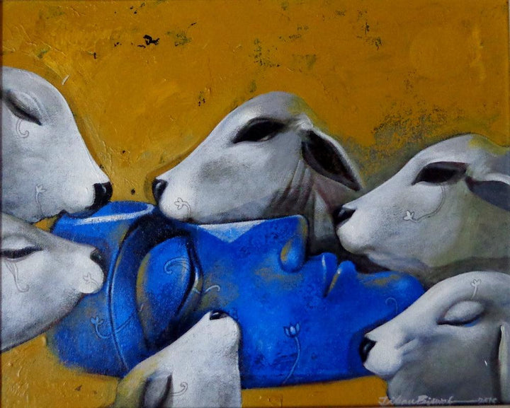 Figurative acrylic painting titled 'Relation', 16x20 inches, by artist Jiban Biswas on Canvas