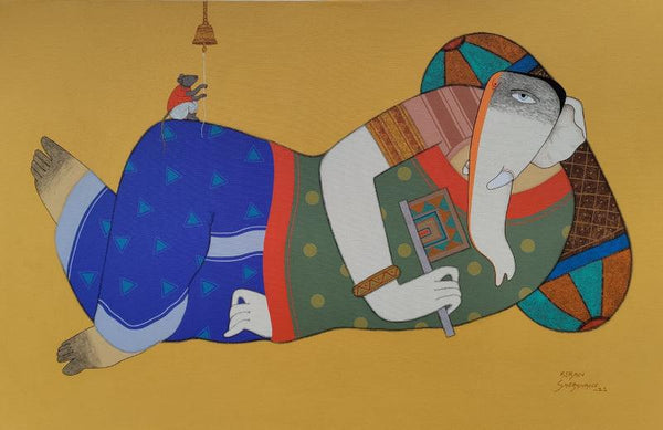 Religious acrylic charcoal painting titled 'Relax Mood In Ganesha', 24x36 inches, by artist Kiran Sherkhane on Canvas