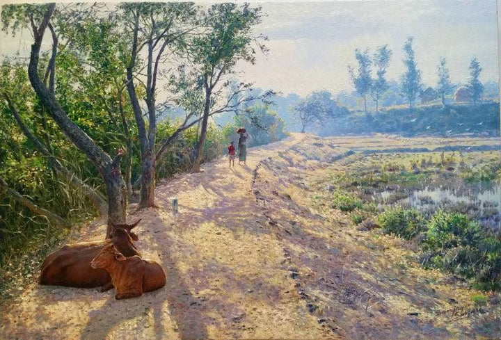 Realistic oil painting titled 'Relaxing Pathside', 25x17 inches, by artist Sanjay Sarfare on Canvas