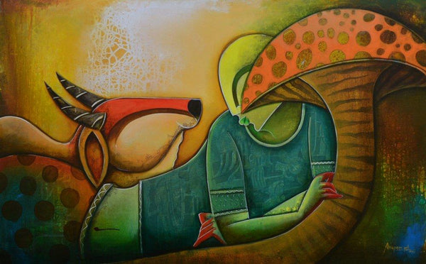 Figurative acrylic painting titled 'Relex', 30x48 inches, by artist Anupam Pal on canvas