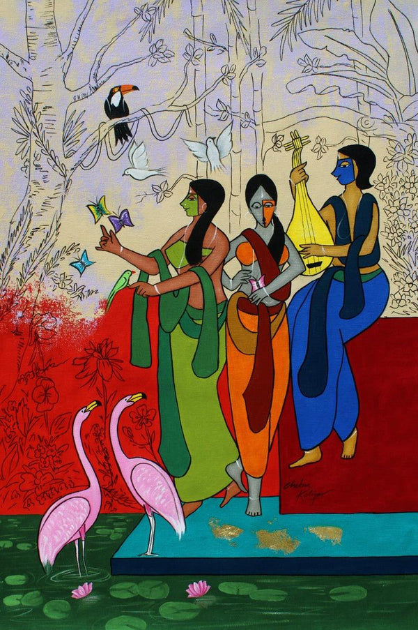 Figurative acrylic painting titled 'Relish', 26x40 inches, by artist Chetan Katigar on Canvas