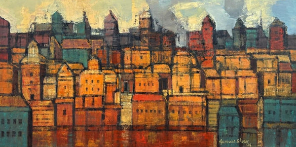 Cityscape oil painting titled 'Reminiscence', 48x96 inch, by artist Gurudas Shenoy on Canvas