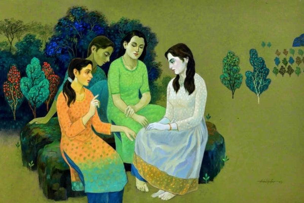 Figurative oil painting titled 'Reminiscence 4', 48x72 inches, by artist Abdul Shaikh on Canvas