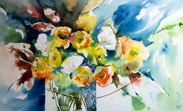 Still-life watercolor painting titled 'Renoncules', 12x20 inches, by artist Veronique Piaser-moyen on Paper