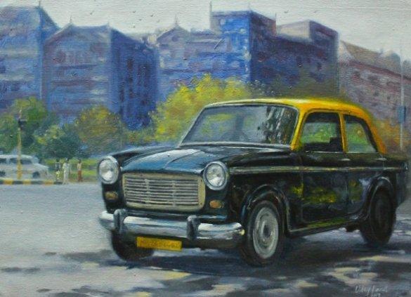 Cityscape oil painting titled 'Rest 1', 18x14 inches, by artist Uday Farat on Canvas