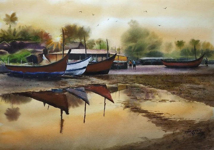 Seascape watercolor painting titled 'Resting Boats', 20x14 inches, by artist Niketan Bhalerao on Watercolour On Paper