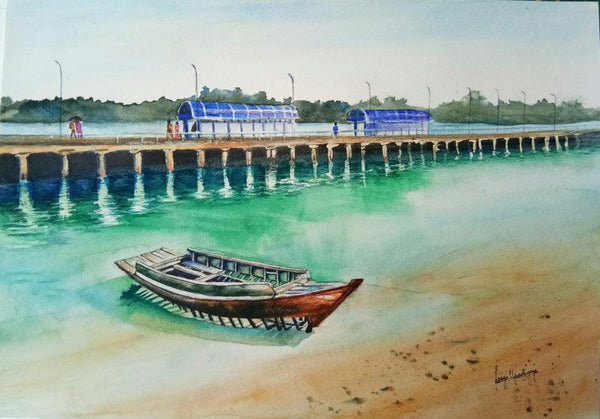 Seascape watercolor painting titled 'Resting by the turquoise waters', 16x12 inches, by artist Lasya Upadhyaya on Paper