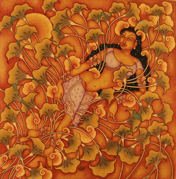 Figurative acrylic painting titled 'Resting Lady', 36x36 inches, by artist Manikandan Punnakkal on Canvas