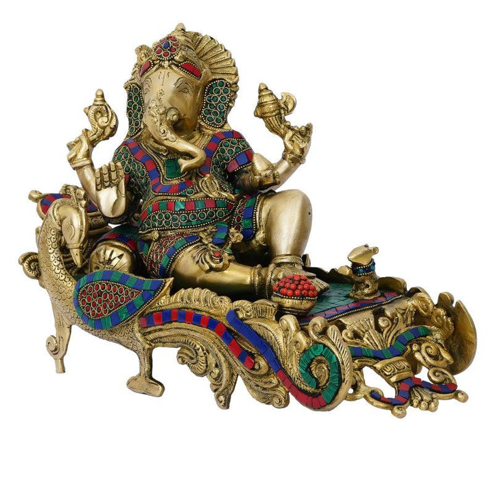 Religious handicraft titled 'Resting Lord Ganesha', 10x16x7 inches, by artist Brass Handicrafts on Brass