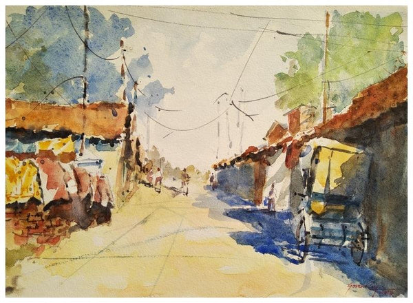 Landscape watercolor painting titled 'Resting Rickshaw', 14x10 inches, by artist Soven Roy on Handmade Paper