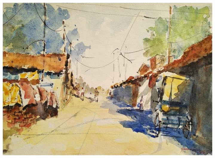 Landscape watercolor painting titled 'Resting Rickshaw', 14x10 inches, by artist Soven Roy on Handmade Paper