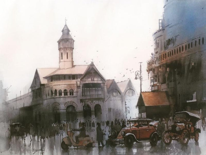 Cityscape watercolor painting titled 'Retro Calcutta', 22x30 inches, by artist Bijay Biswaal on Paper