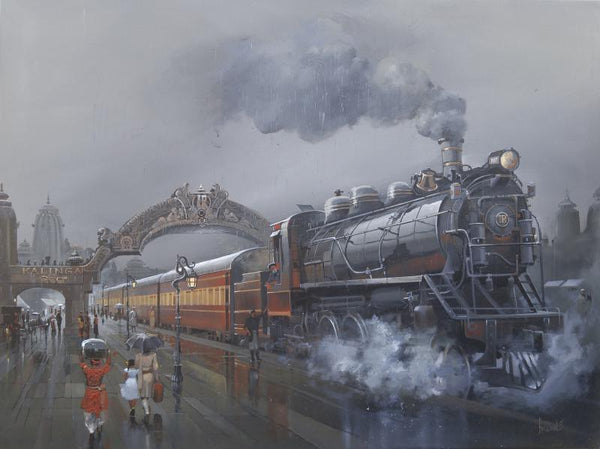 Cityscape acrylic painting titled 'Retro Wet Platform', 36x48 inches, by artist Bijay Biswaal on Canvas