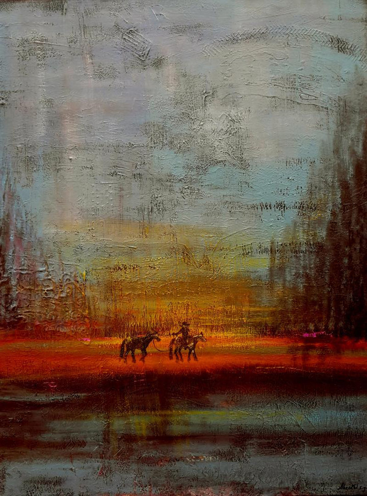 Landscape acrylic painting titled 'Returning Horses', 40x30 inches, by artist Sheetal Singh on Canvas