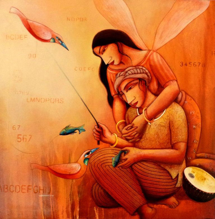 Figurative acrylic painting titled 'Reunion', 48x42 inches, by artist Samir Sarkar on Canvas