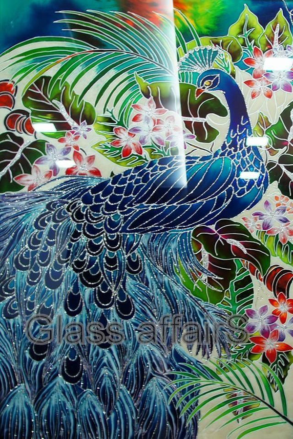 Animals glass art titled 'Reverse painted forest peacock on glass', 24x26x8 inches, by artist Shweta Vyas on canvas