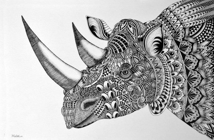 Animals pen drawing titled 'Rhinoceros', 15x22 inches, by artist Kushal Kumar on Paper