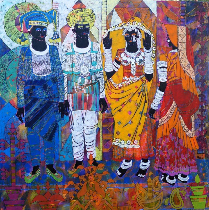 Figurative acrylic painting titled 'Rhythm 39', 48x48 inches, by artist Anuradha Thakur on Canvas