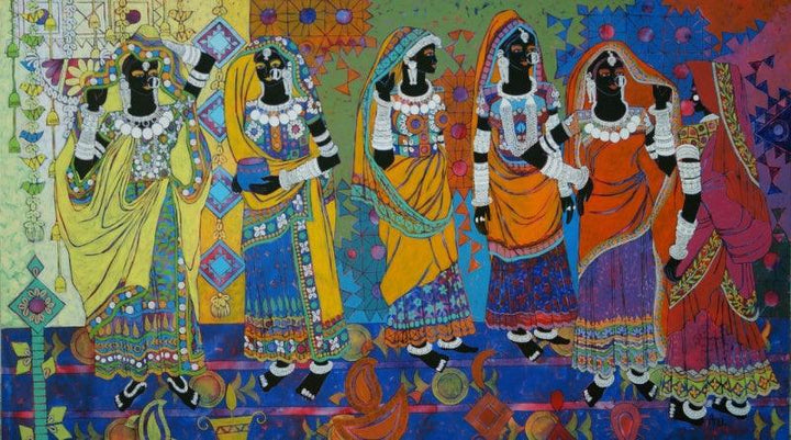 Figurative acrylic painting titled 'Rhythm 41', 48x84 inches, by artist Anuradha Thakur on Canvas