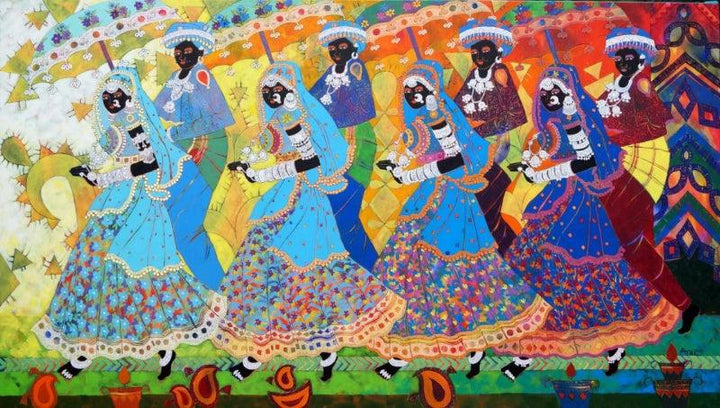 Figurative acrylic painting titled 'Rhythm 43', 48x84 inches, by artist Anuradha Thakur on Canvas