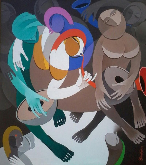 Figurative acrylic painting titled 'Rhythm And Melodies 6', 32x30 inches, by artist Pradip Sarkar on Canvas