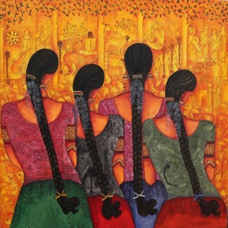 Figurative acrylic painting titled 'Rhythm', 30x30 inches, by artist Kappari Kishan on Canvas