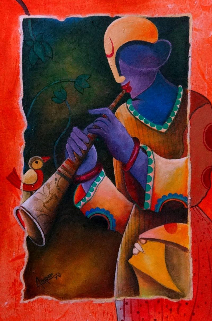 Figurative acrylic painting titled 'Rhythm divine 3', 30x20 inches, by artist Anupam Pal on Board