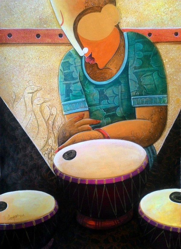 Figurative acrylic painting titled 'Rhythm Divine 33', 28x22 inches, by artist Anupam Pal on Canvas