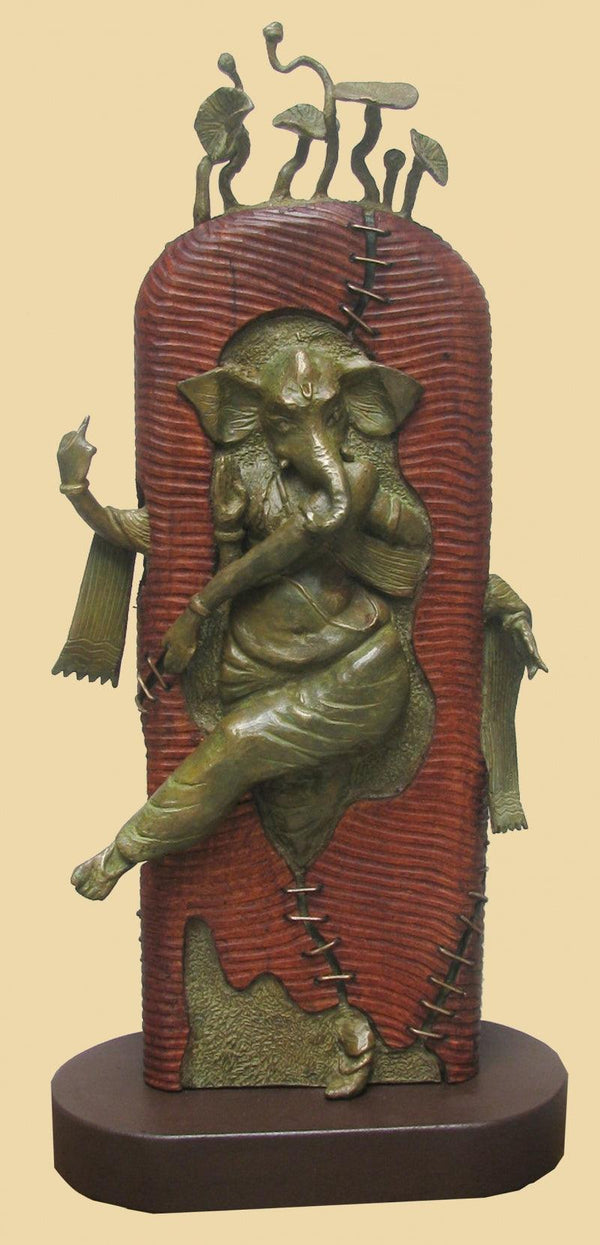 Religious sculpture titled 'Rhythm Ganesha', 28x13x7 inches, by artist Subrata Paul on Bronze, Wood