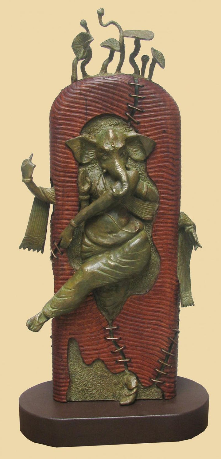 Religious sculpture titled 'Rhythm Ganesha', 28x13x7 inches, by artist Subrata Paul on Bronze, Wood