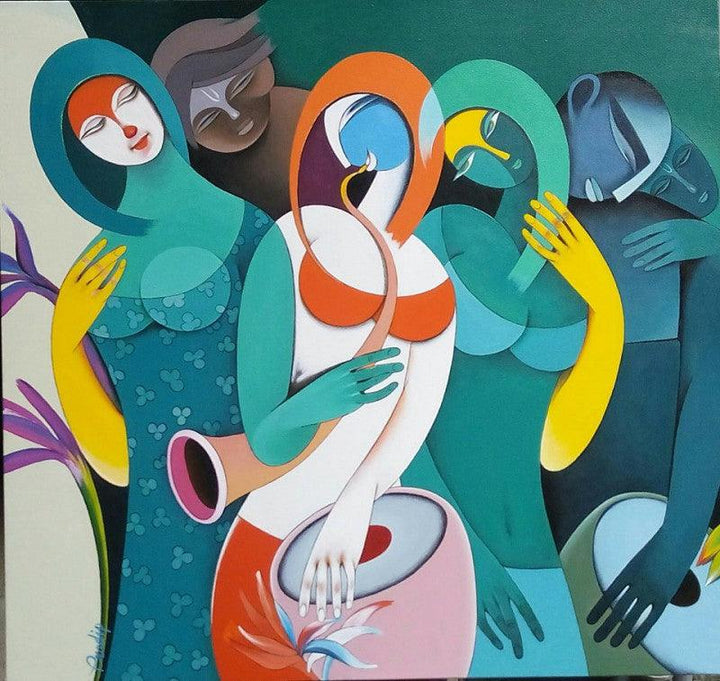 Figurative acrylic painting titled 'Rhythm Melodies III', 30x32 inches, by artist Pradip Sarkar on Canvas