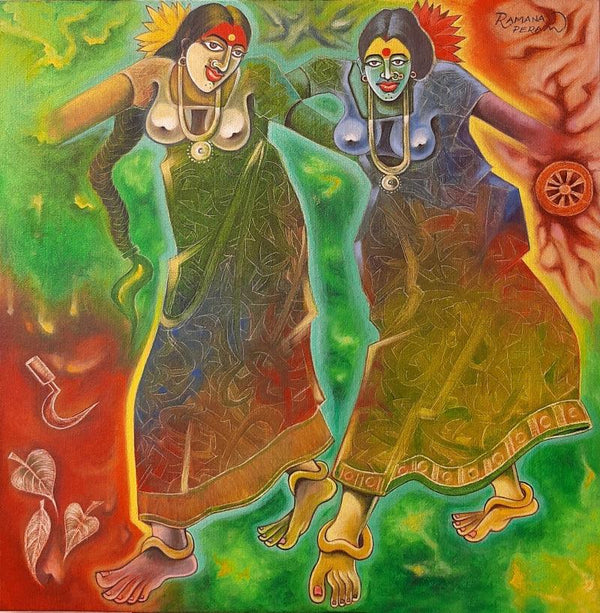 Religious mixed media painting titled 'Rhythm Of Dhimsa', 24x24 inches, by artist Ramana Peram on Canvas