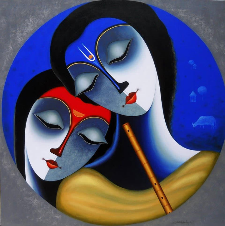 Religious acrylic painting titled 'Rhythm Of Love', 48x48 inches, by artist Santosh Chattopadhyay on Canvas