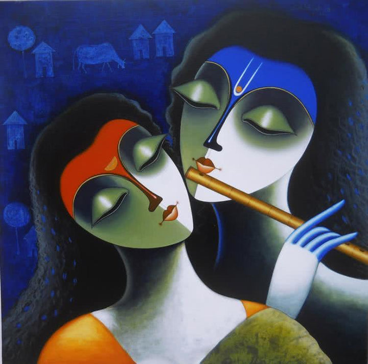 Figurative acrylic painting titled 'Rhythm Of Love III', 36x36 inches, by artist Santosh Chattopadhyay on Canvas