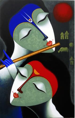 Figurative acrylic painting titled 'Rhythm Of Love V', 48x30 inches, by artist Santosh Chattopadhyay on Canvas