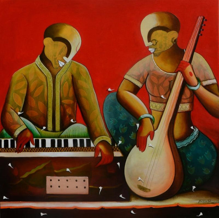 Figurative acrylic painting titled 'Rhythm of Renewal', 45x45 inches, by artist Anupam Pal on canvas