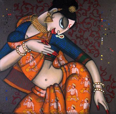 Figurative acrylic painting titled 'Rhythmic 2', 18x18 inches, by artist Varsha Kharatamal on Canvas