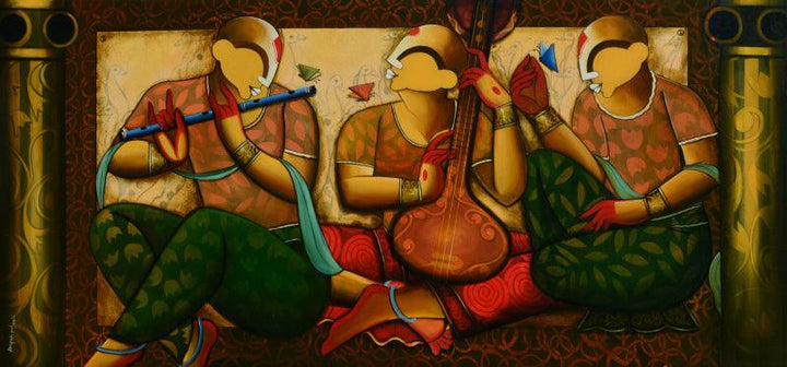 Figurative acrylic painting titled 'Rhythmic Exchange', 36x78 inches, by artist Anupam Pal on canvas