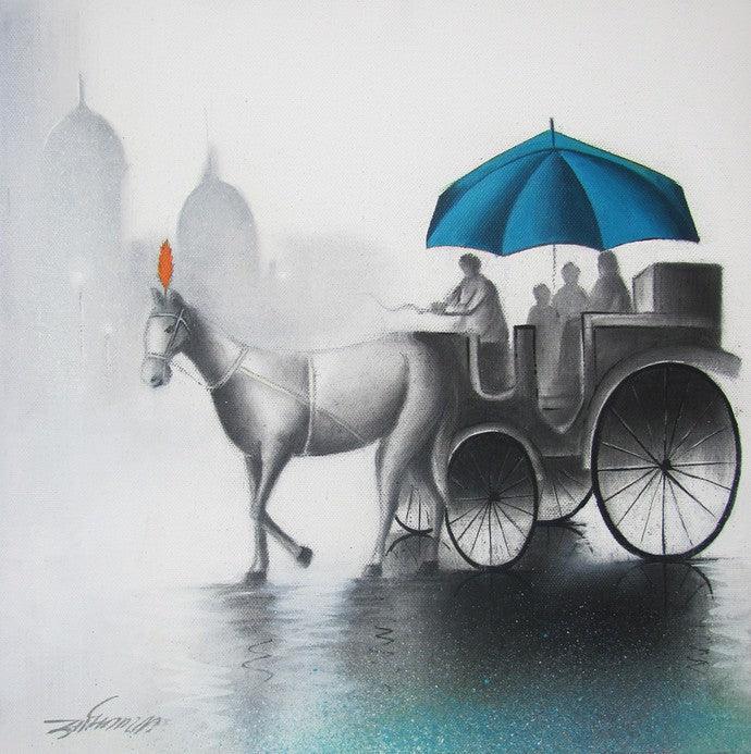 Cityscape mixed media painting titled 'Rhythmic Monsoon Blue', 12x12 inches, by artist Somnath Bothe on Canvas