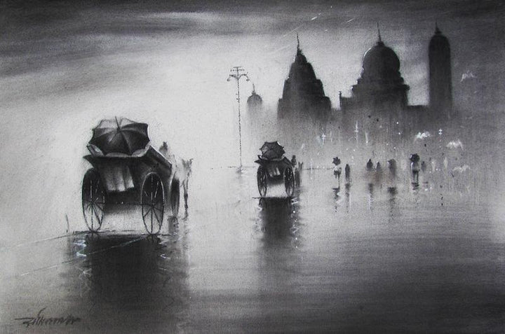 Cityscape charcoal drawing titled 'Rhythmic Monsoon I', 12x18 inches, by artist Somnath Bothe on Canvas