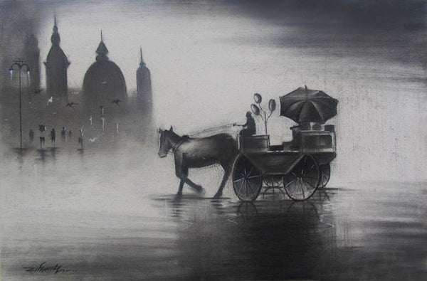 Cityscape charcoal drawing titled 'Rhythmic Monsoon III', 12x18 inches, by artist Somnath Bothe on Canvas