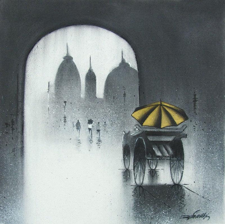 Cityscape charcoal drawing titled 'Rhythmic Monsoon IV', 12x12 inches, by artist Somnath Bothe on Canvas